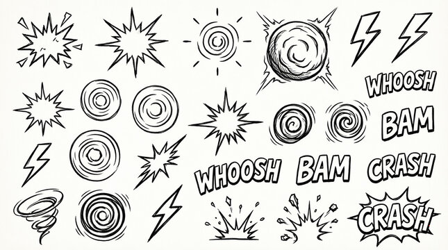 Collection of hand drawn comic book sound effects and explosion symbols.