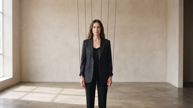 Invisible hands controlling a human figure through strings, creating a powerful visual metaphor for psychological manipulation, control, influence, and loss of autonomy