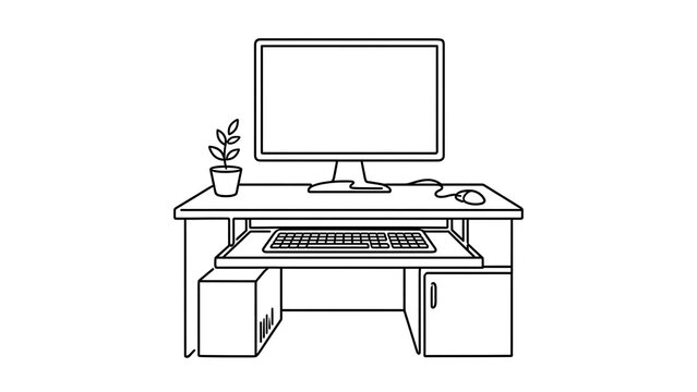 Minimalist computer desk setup white background.