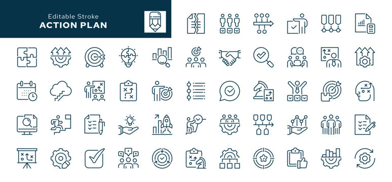 Action plan and planning outline icons set. Line icon in linear style. Vector collection	