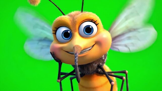 Cute cartoon mosquito character flying on green screen