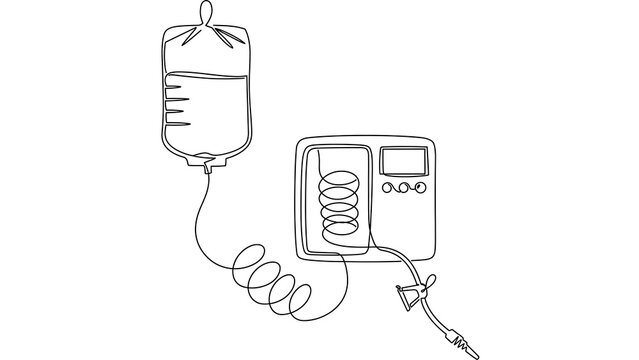 Medical infusion pump with IV bag white background.