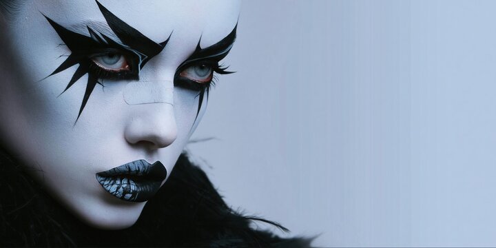 Side profile portrait of a pale woman with black hair graphic winged eye makeup and metallic dark lipstick against a cool blue background leaving room for typography Theme of alternative beauty