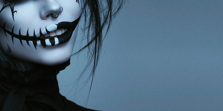 Cropped portrait showing a pale face with black stitched smile makeup dark lips nose ring and loose black hair against a muted blue background Concept of gothic transformation