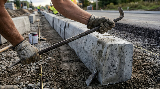 Construction worker aligns heavy concrete curb stones using a pry bar along a newly built asphalt road.