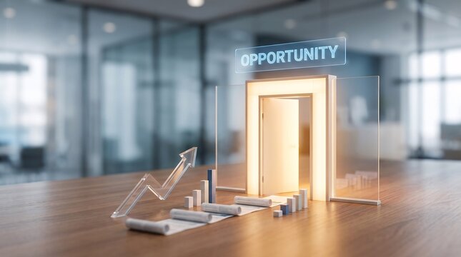 Business opportunity concept with glowing open door, financial growth chart with rising arrow on office desk, career success metaphor