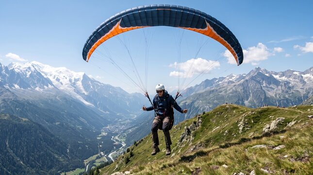 Paragliding Adventure in the Alps: A person in full paragliding gear descends gracefully towards a valley nestled between majestic snow-capped mountains, against a clear blue sky.
