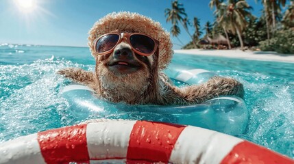 Naklejka premium Funny sloth wearing sunglasses and a straw hat floating in the ocean. Happy animal relaxing in an inflatable ring at a tropical beach. Summer vacation concept