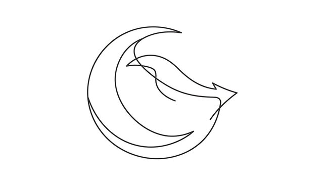 Minimalist crescent moon and arrow logo white background.