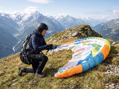 Paraglider Preparing for Flight: A solo adventurer, dressed in outdoor gear and helmet, crouches on a grassy mountain slope.