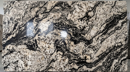Fototapeta premium Polished granite stone slab texture. Natural marble surface with black and white veins.
