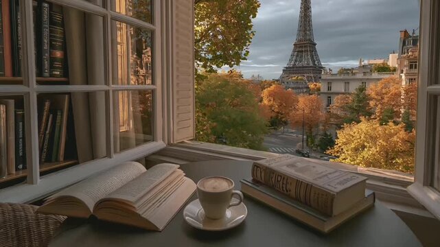 Paris, France, Europe. A vivid portrayal of a cozy, sunlit room with a panoramic view of the Eiffel Tower in Paris, France. The scene is bathed in warm, golden light.