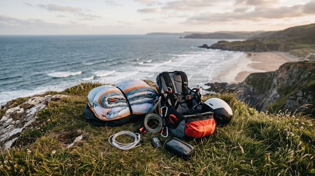 Paragliding Adventure Gear on Coastal Cliff: A paragliding harness, wing, helmet, and other equipment are neatly arranged on a grassy clifftop overlooking a picturesque beach and rugged coastline.