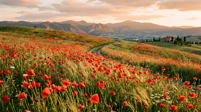 A vast rolling landscape of green hills covered in bright red poppies under a warm sunset sky