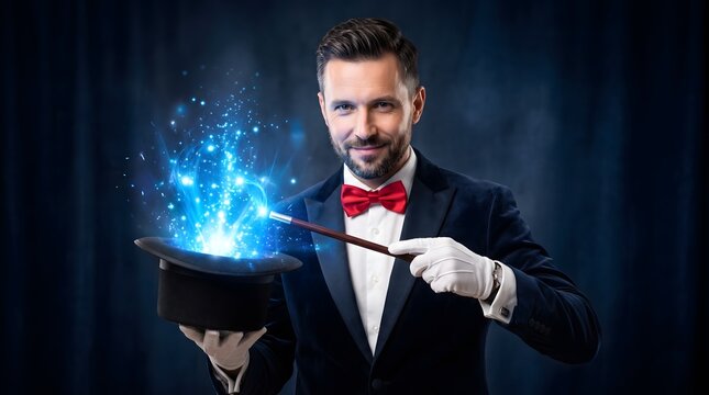 Professional magician in a tuxedo performing a magic trick with a glowing top hat and wand