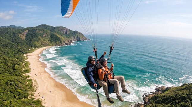 Paragliding Adventure Over a Tropical Coastline: Two individuals experience the thrill of paragliding, soaring high above a pristine beach and turquoise ocean.