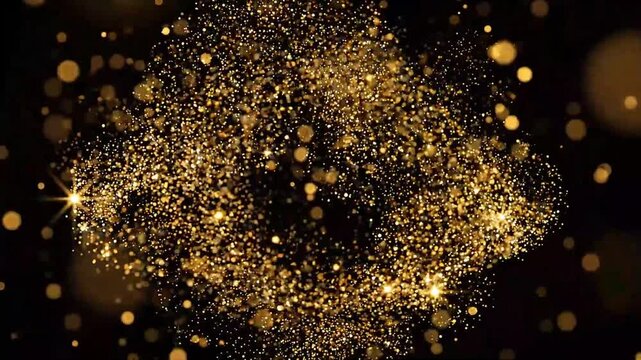 Sparkling gold particles swirl in a graceful circular motion against deep black space, creating an elegant animated light effect within this mesmerizing high resolution motion video clip