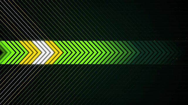 Abstract glowing green and yellow arrow patterns moving across a dark textured background surface with pulsing moving horizontally background subtle diagonal displays series bright