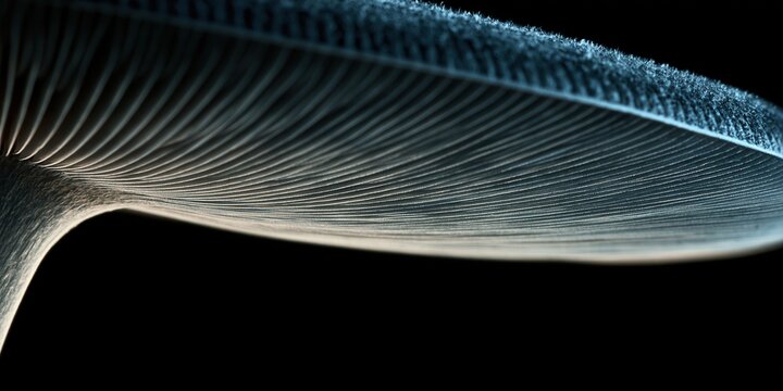 Extreme close-up of delicate mushroom gills forming sweeping parallel lines beneath a dark cap with black negative space Expression of natural geometry