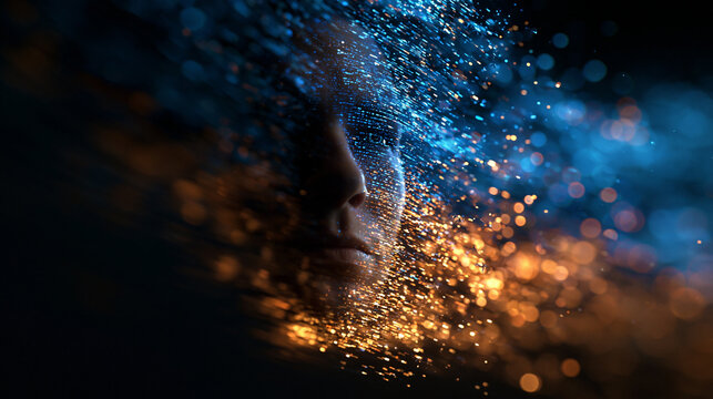 AI Digital Face Disintegrating into Glowing Particles
