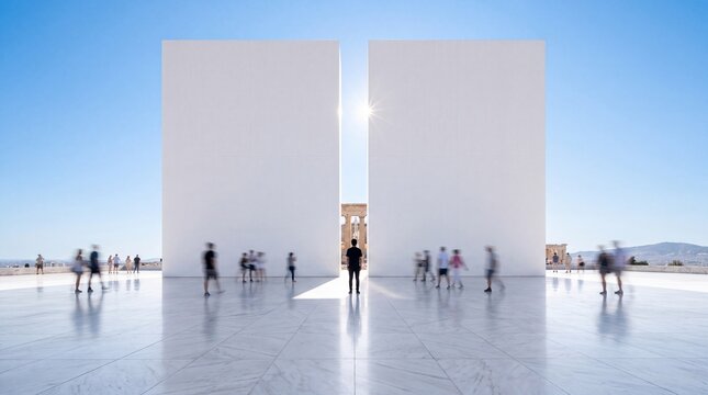 Minimalist White Architecture Gateway with Tourists on Marble Plaza