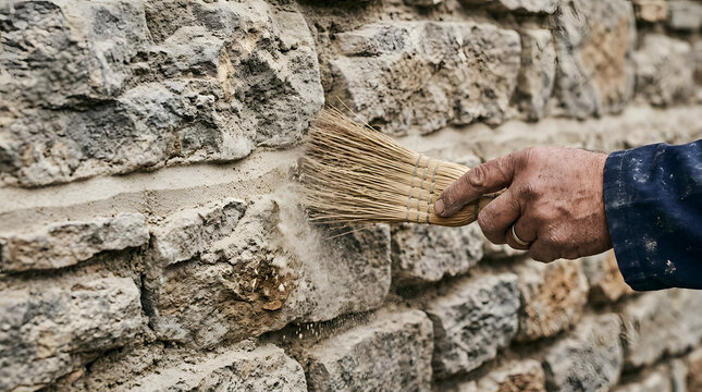 Mason meticulously cleans excess mortar from the stone wall using a small wire brush during exterior masonry restoration.