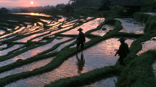 Farmers Walking in Flooded Rice Terraces at Sunset
