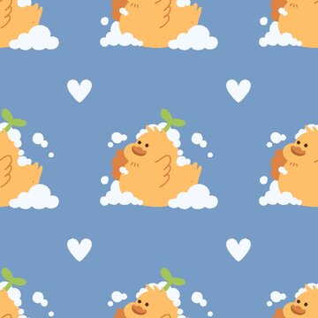 Cute Duck Bubble Bath Seamless Pattern with Hearts Blue Background Illustration
