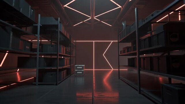 Dimly lit storage facility with glowing red lines revealing hidden secrets and futuristic technology