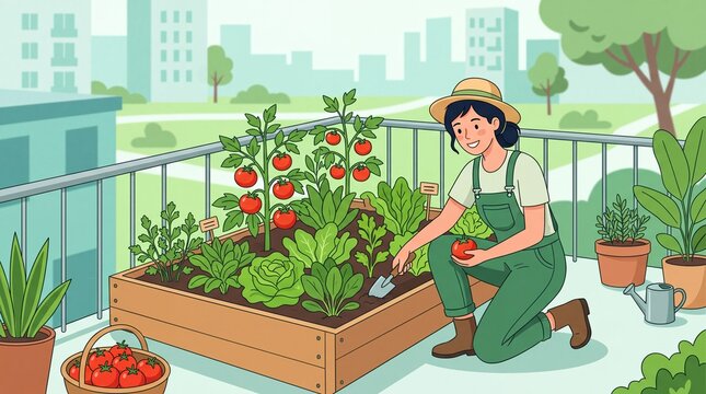 Woman Harvesting Fresh Vegetables in Balcony Garden