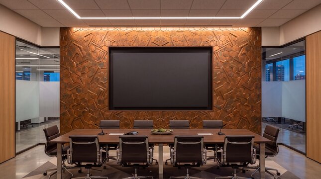 Modern Boardroom with Conference Table and Blank Presentation Screen