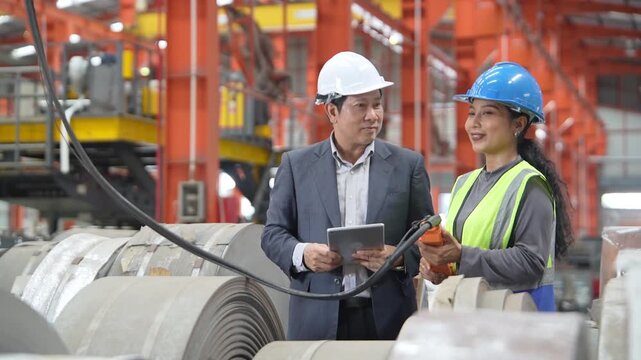Two industrial engineers in safety helmets inspect steel coils and review production data on a tablet during a quality control audit in a modern factory.