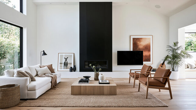 Modern Minimalist Living Room with Black Fireplace and Sofa