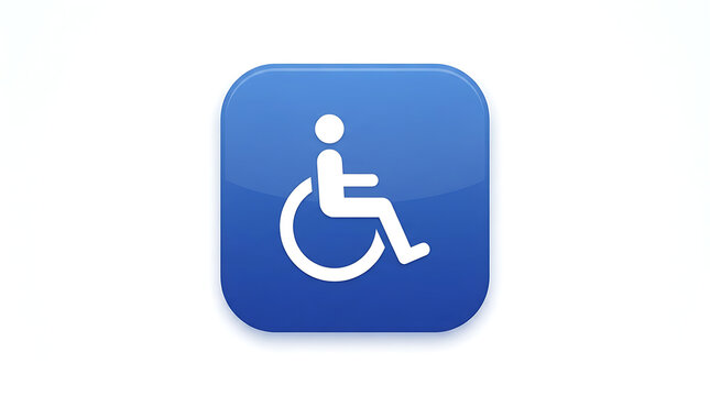 Accessibility icon featuring a wheelchair symbol on a blue glossy square button isolated on white background