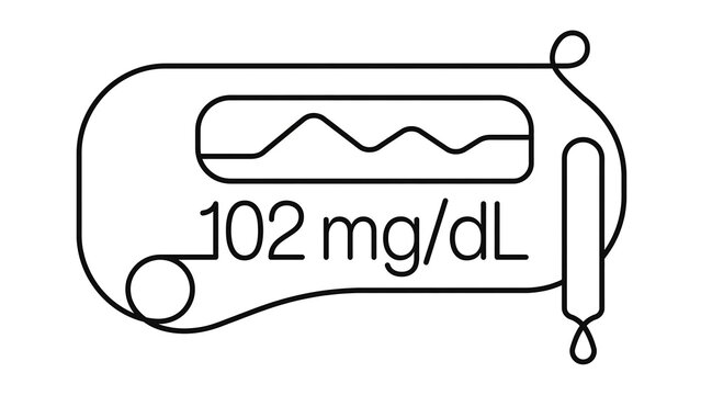 Medical test strip with 102 mg dL reading white background.
