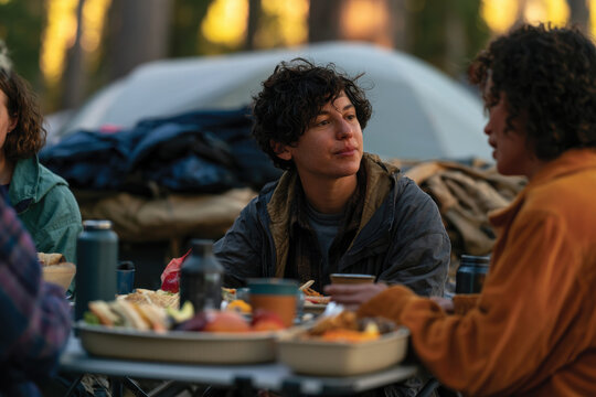 A cozy campsite scene captures friends enjoying food and conversation under a warm sunset glow, highlighting connection amidst the beauty of nature and outdoor adventures.