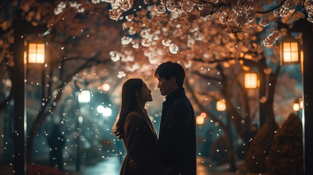 Cinematic medium shot of a romantic Korean drama scene. A young couple standing under a canopy of blooming cherry blossoms