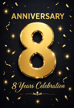 Golden eight years anniversary celebration with shiny number and confetti design template