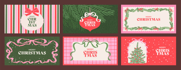 Naklejka premium Retro horizontal banners set of Merry Christmas and Happy New Year. Vintage concept with with gift bows, Christmas tree and ball, frames. Hand drawn design background for card, invitation, flyer