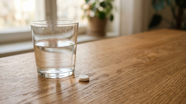Chronic disease management with clear water glass and medication tablet on wooden table supports daily wellness