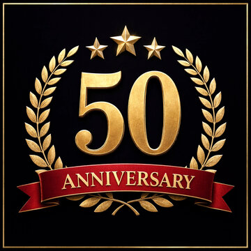 Golden elegant fiftieth anniversary emblem with laurel wreath and stars celebration design
