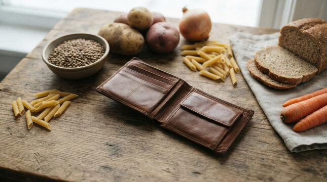 Food security challenges with wallet and staple groceries on rustic kitchen table