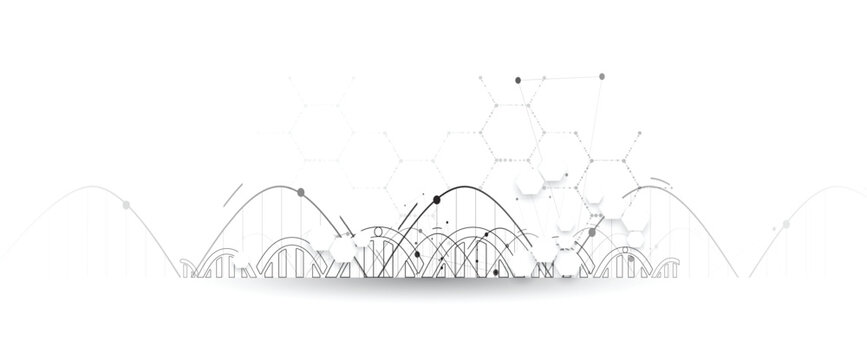 Futuristic science and medical background with molecule, DNA strands, connected neural web