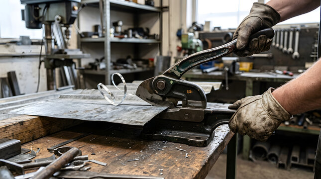 Metalworker operating heavy cutting shears to shape a sheet of steel inside a busy industrial workshop.