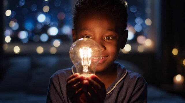 A young African American boy holding a glowing light bulb in the dark.