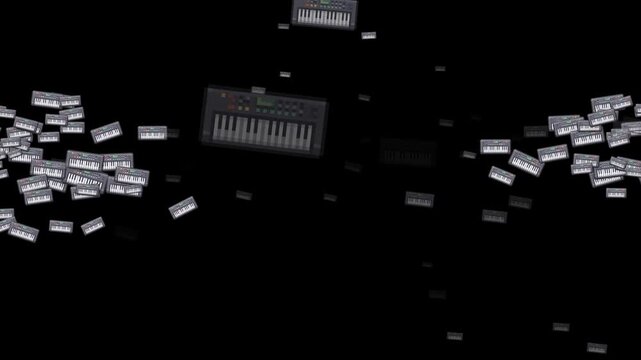 synthesizer, keyboard, electronic music, musical instrument, sound, digital, keys, midi, pop, techno, DJ, audio, melody, entertainment, hobby, emoji, animation, motion graphics, black background, isol