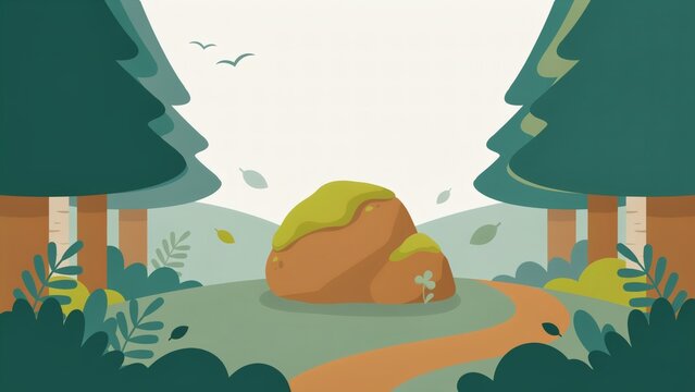 A mossy rock sits in a peaceful forest clearing with a winding dirt path nearby with forest landscape surrounded