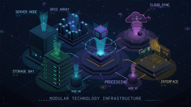 Futuristic isometric technology infrastructure diagram links servers, data storage, cloud computing, processing modules and a laptop interface with glowing neon lines on a dark grid.