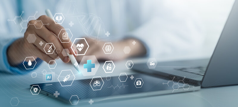 Medical research and Health technology development concept. Doctor doing research using AI for patient data analysis and differential diagnosis. Medical Science innovation.