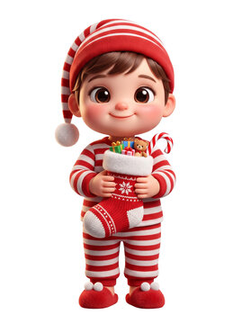 Cute 3D Child Character in Pajamas with Christmas Stocking on Transparent Background